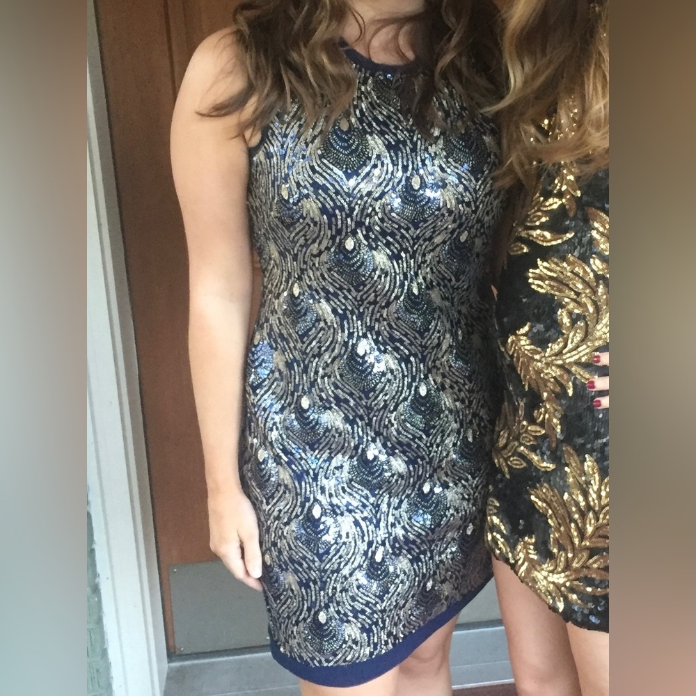 Vince Camuto Navy and Gold Sequin Shift Dress